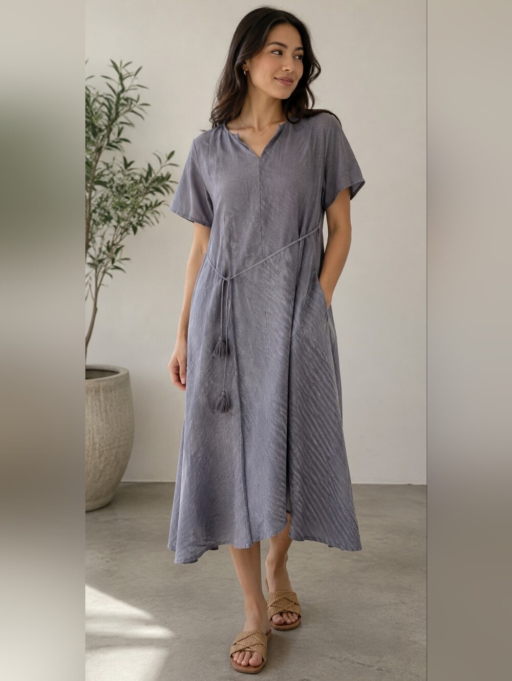 Joh Striped Cotton Short Sleeves V Neck Assymetrical Shift Dress Tassels Belt M